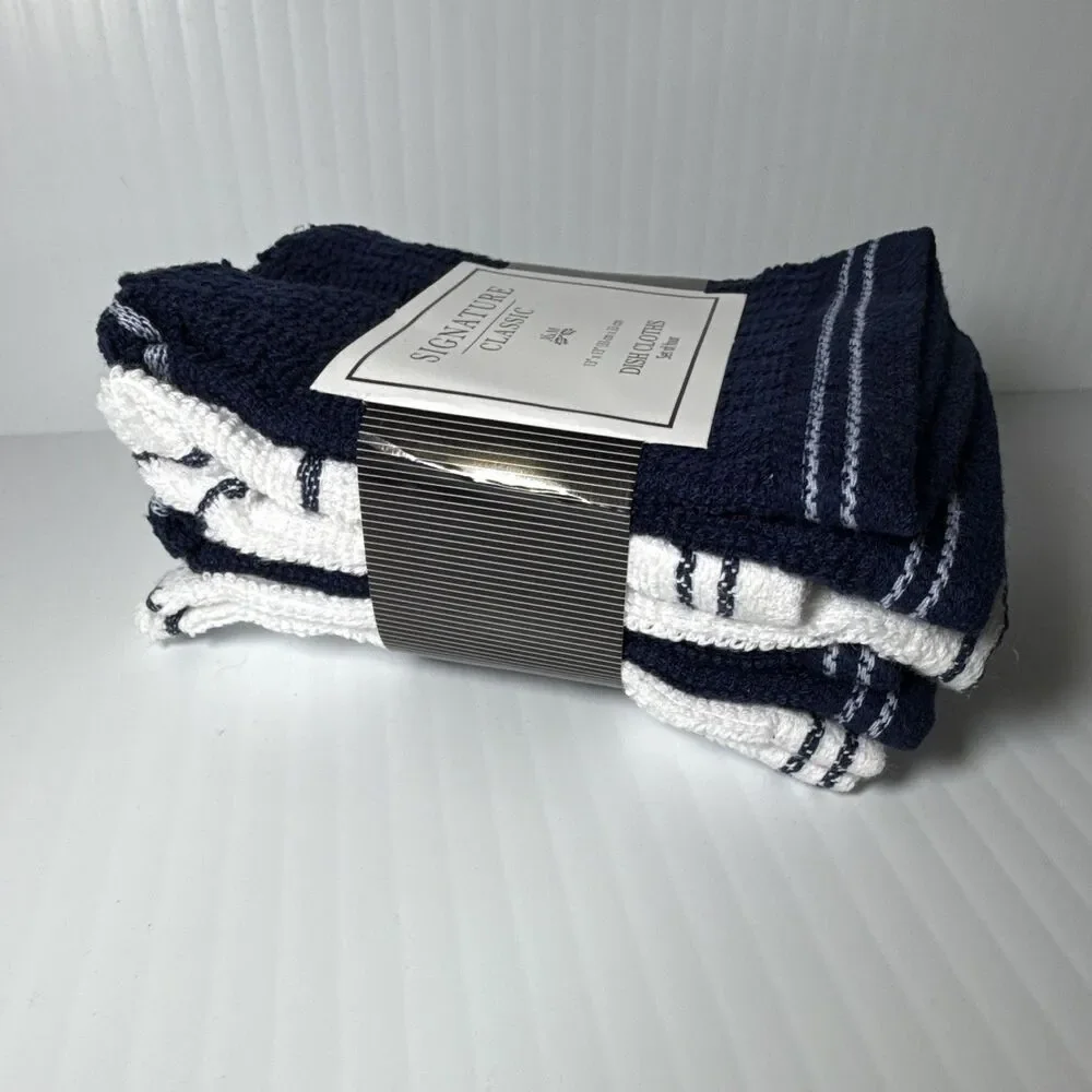 Signature Classic Dishcloth Set of 4, 100% Cotton Striped Blue/White 13x13